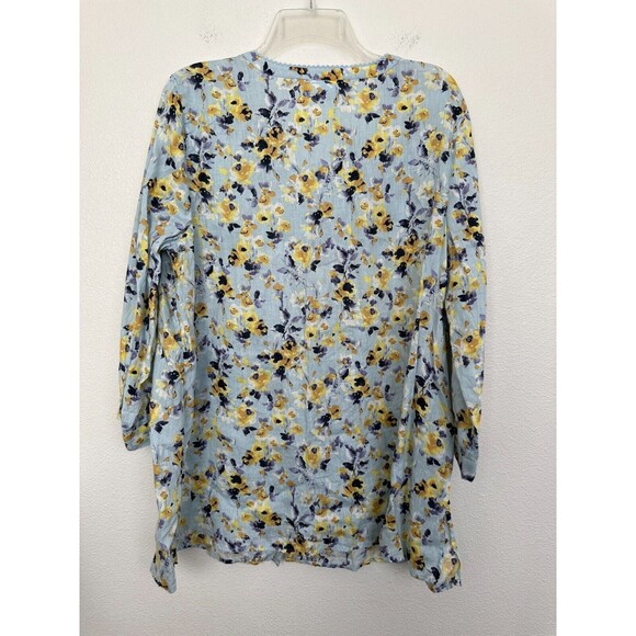 J Jill Love Linen Floral Tunic Top Button Down Blue 3/4 Sleeve Women's Large - Picture 9 of 9